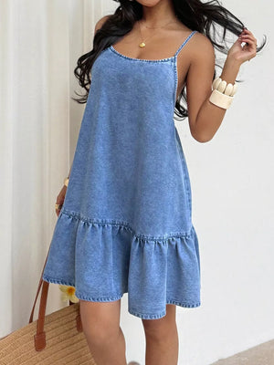 Casual Spaghetti Strap Ruffle Hem Denim Dress in Blue, front view
