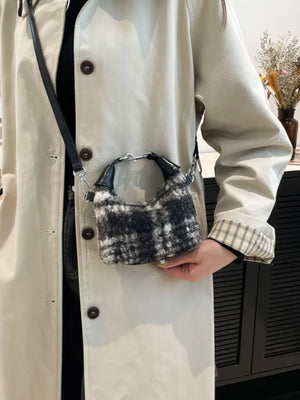 Shearling check mini shoulder bag with black leather trim and chain detail.