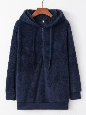 Navy blue fuzzy fleece half-zip hoodie with drawstring and ribbed cuffs.