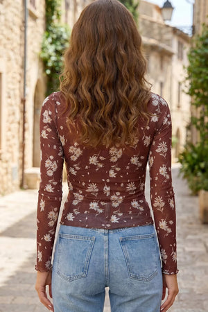 Floral Print Sheer Mesh Long Sleeve Top in Brown, back view