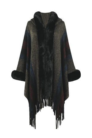 Textured stripe poncho with faux fur trim and fringe detail