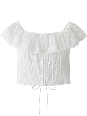 White eyelet corset tank top with off-the-shoulder ruffle trim and front hook-and-eye closure.