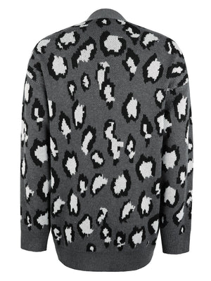 Dark Gray leopard print knit cardigan with a relaxed fit and crew neck.