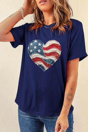 Navy cotton t-shirt with a distressed denim American flag heart graphic.