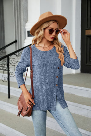 Dusty Blue ribbed tunic top with asymmetric hem and button detail.