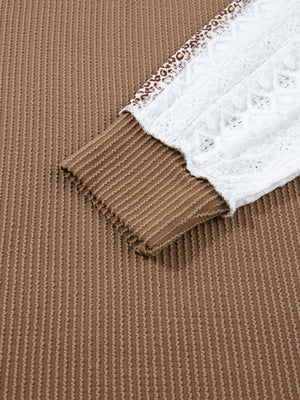 Taupe waffle knit henley top with leopard print and white lace sleeves