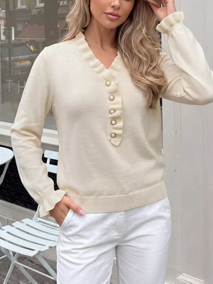 Ruffle Trim Pearl Button V-neck Knit Top in Apricot, fabric detail