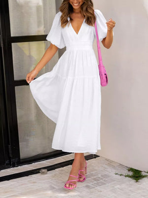 Elegant Puff Sleeve V-neck Midi Dress in Black, view 19