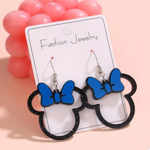 Blue bow Mickey Mouse inspired drop earrings with glittery black outline.