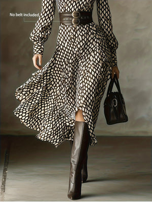 Geometric print midi dress with collar and asymmetrical hem, brown and white pattern.