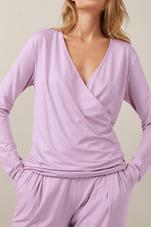 Draped wrap top and pleated trousers set in pink purple, long sleeve, v-neck, comfortable loungewear.