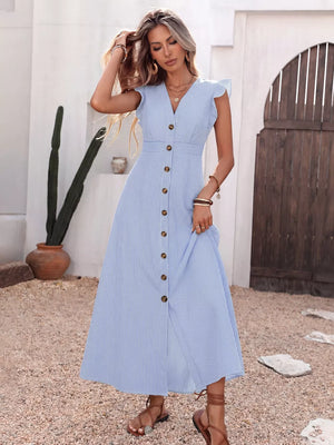 Blue striped midi dress with ruffled sleeves and button front