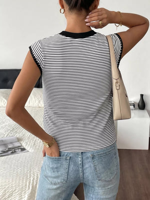 Black and white striped crew neck tee with black trim on sleeves and neckline.