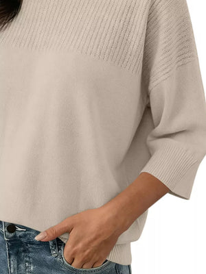 Elegant Crew Neck Eyelet Ribbed Sweater in Pink, view 18