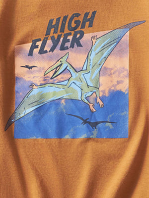Burnt orange cotton crew neck t-shirt with a High Flyer dinosaur graphic.