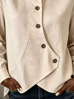 Full Size Asymmetrical Button Down Shirt in White, fabric detail