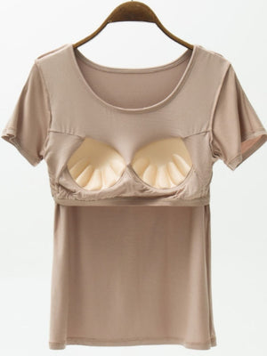 Khaki scoop neck tee with built-in bra cups and short sleeves.