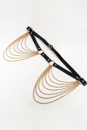 Black leather waist harness with cascading gold chains and buckle closure.