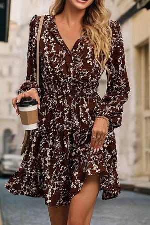 Ditsy Floral Print Split Neck Mini Dress in Coffee Brown, side view