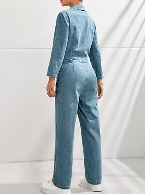 Structured light wash denim boiler suit with button front and wide legs.