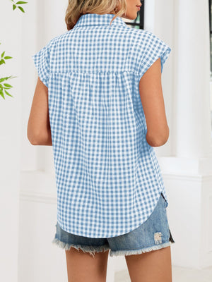 Sky blue gingham cotton shirt with cap sleeves and button-down front, shown from the back.