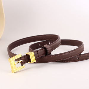 Skinny brown leather belt with gold buckle