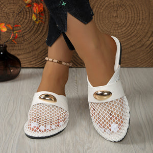 White mesh round-toe flat sandals with gold buckle detail and ankle bracelet.