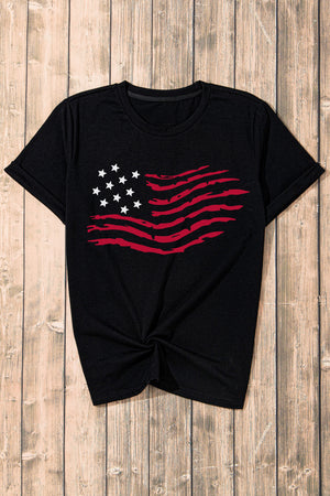 Black t-shirt with distressed American flag graphic and white stars.