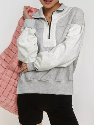 Half Zipper Collared Drop Shoulder Sweatshirt in Light Gray, front view