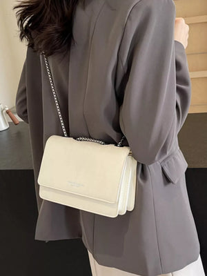 Beige crumpled texture mini shoulder bag with silver chain strap