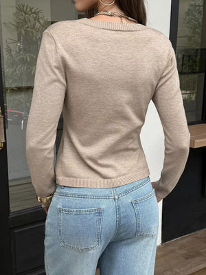 V-neck Button-up Cardigan in Khaki, model styling view