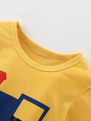 Yellow cotton t-shirt with cartoon train graphic and checkered accents for kids.
