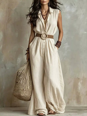 Full Size Sleeveless Wide Leg Jumpsuit Plus Size in White, front view
