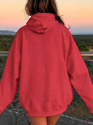 Oversized red hoodie with pouch pocket and hood, casual long sleeve sweatshirt.