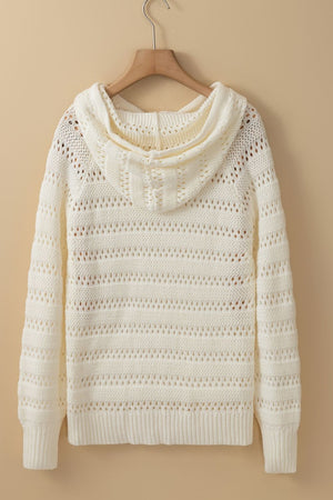 Openwork knit hoodie in beige with horizontal stripe pattern and drawstring.