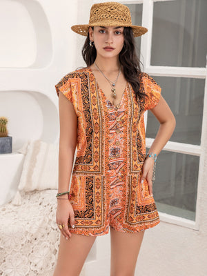 Bohemian print cap-sleeve playsuit in orange with button detail and V-neck