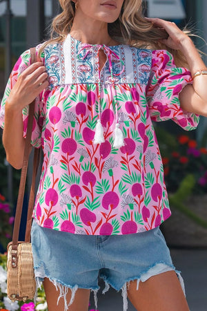 Floral Print Short Sleeve Tassel Tie Blouse in Fuchsia Pink, side view