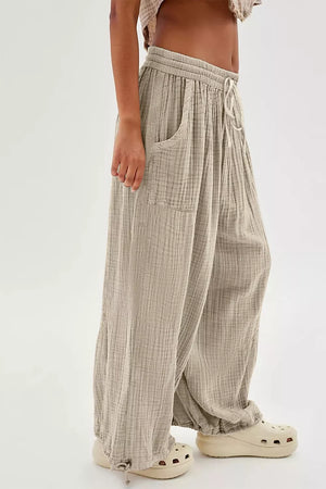 Loose Fit Gauze Pants With Drawstring Waist in Khaki, model styling view