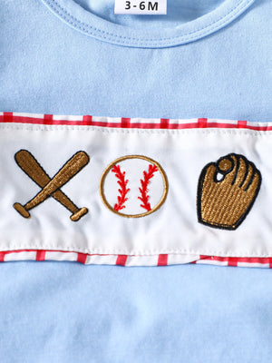 Baby blue cotton top with baseball embroidery and red trim.