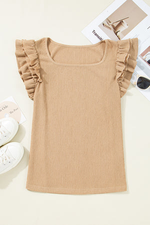 Tan textured square neck top with ruffled cap sleeves.