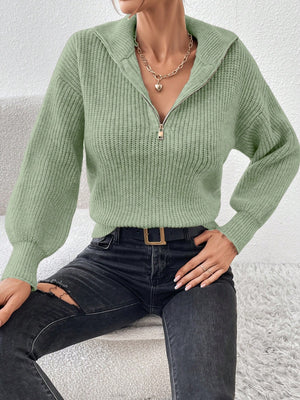 Matcha green ribbed collar zip-up knit sweater with balloon sleeves.