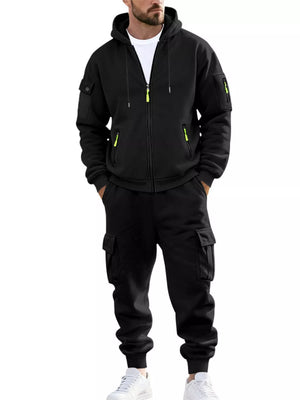 Men's Plus Size Casual Zip-up Hoodie And Cargo Pants Set in Dark Gray, fabric detail