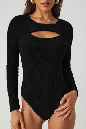 Black ribbed long sleeve bodysuit with a keyhole cutout neckline.