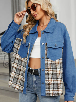 Denim & plaid patchwork overshirt in dusty blue with button front and chest pockets.
