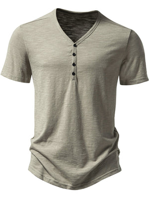 Men's casual sage cotton blend t-shirt with button placket and curved hem