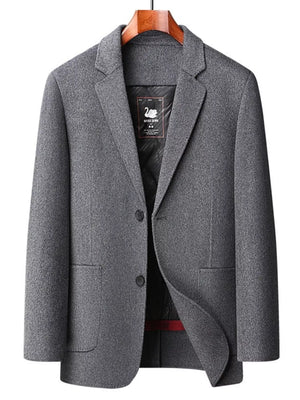 Men's gray wool button-up long-sleeve overcoat with notched lapels and two front pockets.