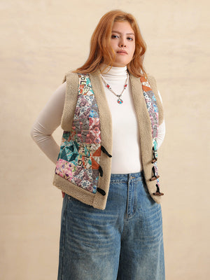 Patchwork sherpa vest with toggle closure and colorful boho print.