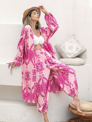 Bohemian paisley lounge set in hot pink features a long kimono-style duster and flowy pants.