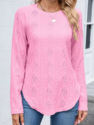 Textured Diamond Knit Long Sleeve T-shirt in Pink, close-up detail