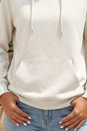 Colorblock Denim Sleeve Tunic Pullover Hoodie in Light Gray, side view
